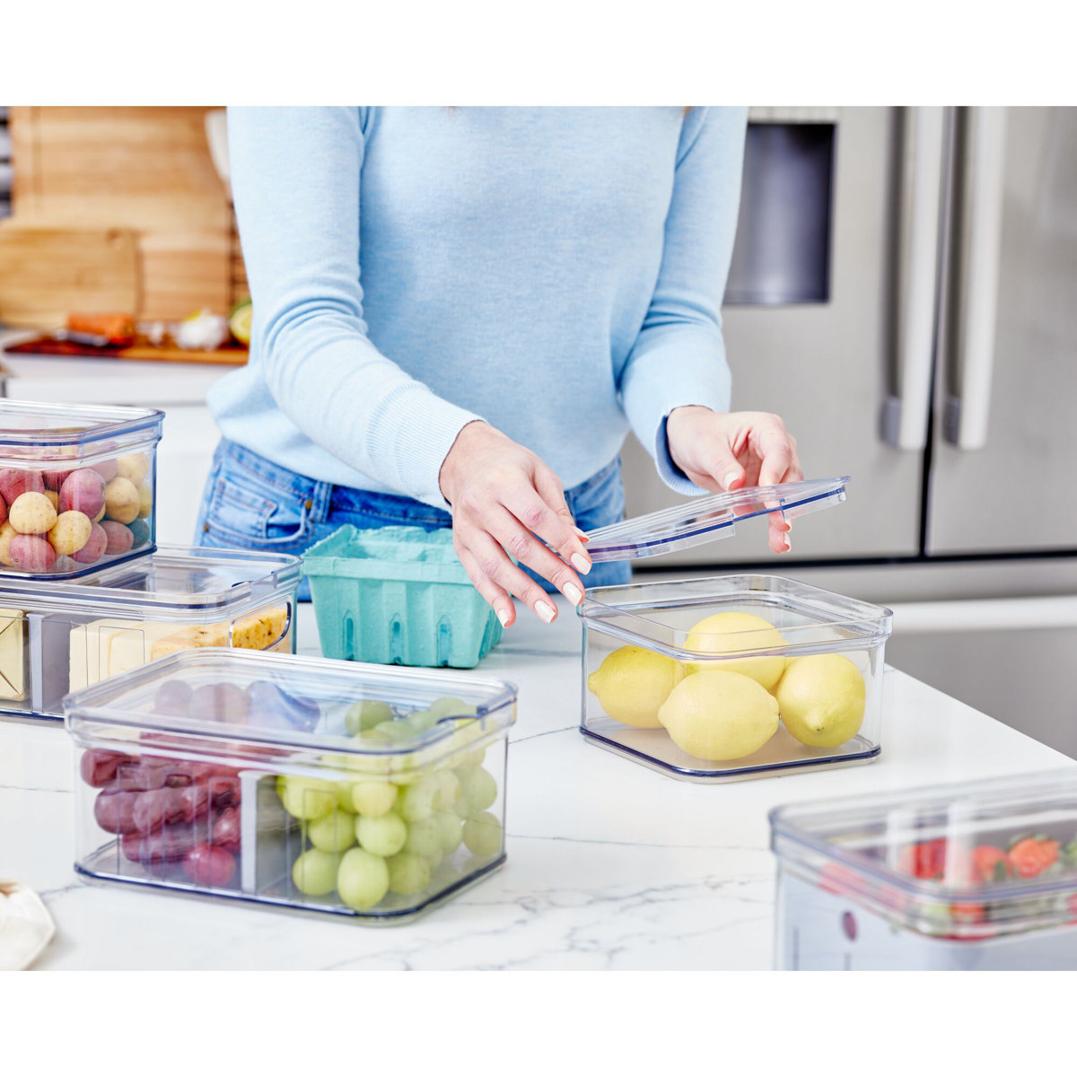 iDesign 5-Piece Recycled Plastic Refrigerator Organizer Bin Set with Lids, Clear/Gray (Set of 5)